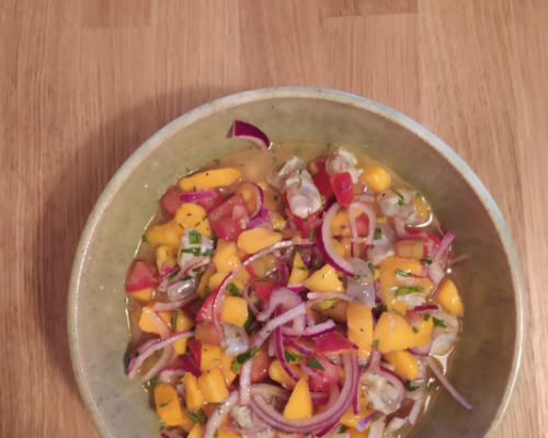 Ceviche de mango y langostinos